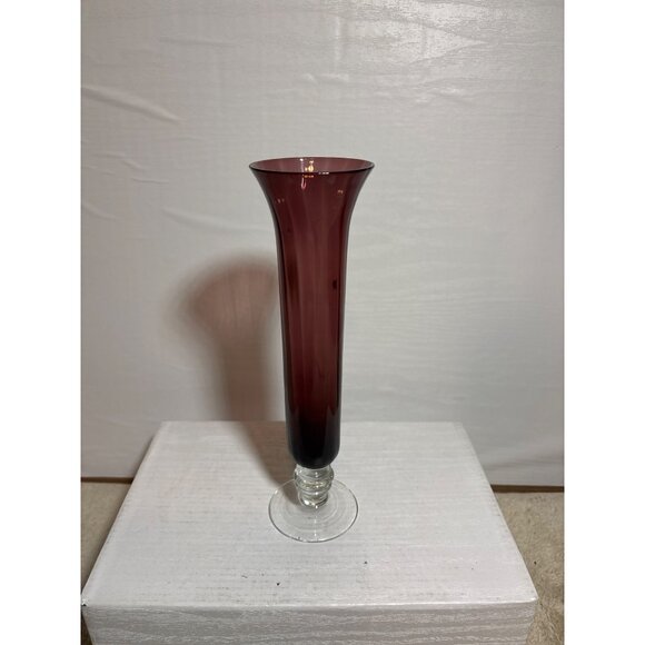 Glass Bud Vase Amethyst Purple With Clear Pedestal Base Elegant Flared Design 10 - Picture 2 of 7